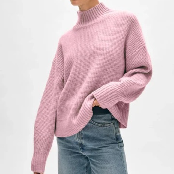 White & Warren Women's Waffle-Knit 100% Cashmere Standneck Sweater Pink M Soft - Picture 1 of 11